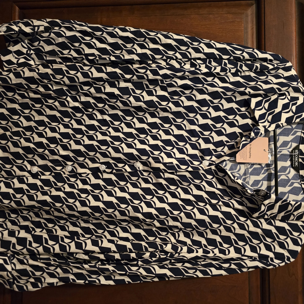 Navy and White Patterned Button-Up Shirt